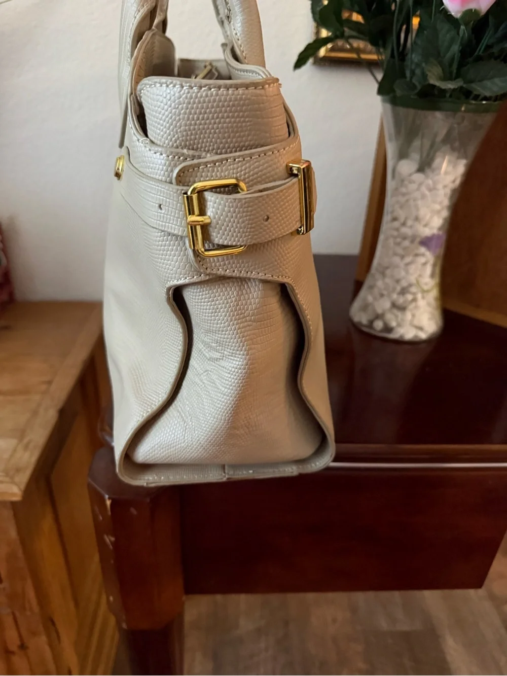 Joy Mangano Beige Textured Satchel with Gold Hardware